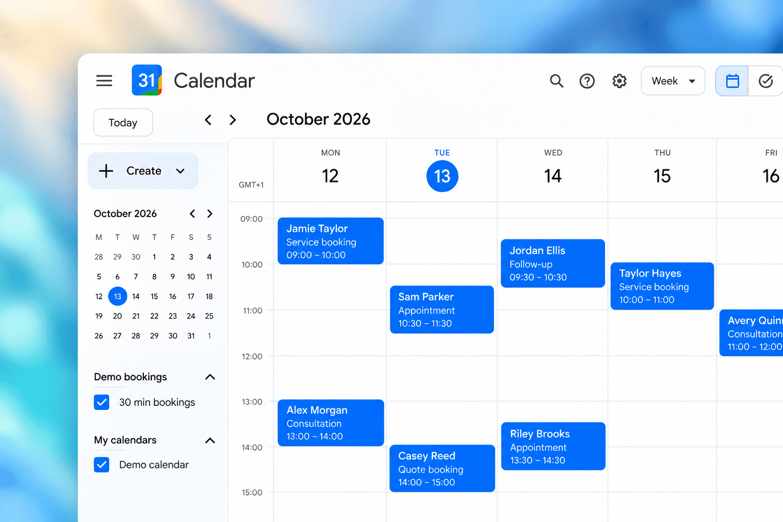 Example Google Calendar week view showing demo service bookings, appointments, consultations and follow-ups.