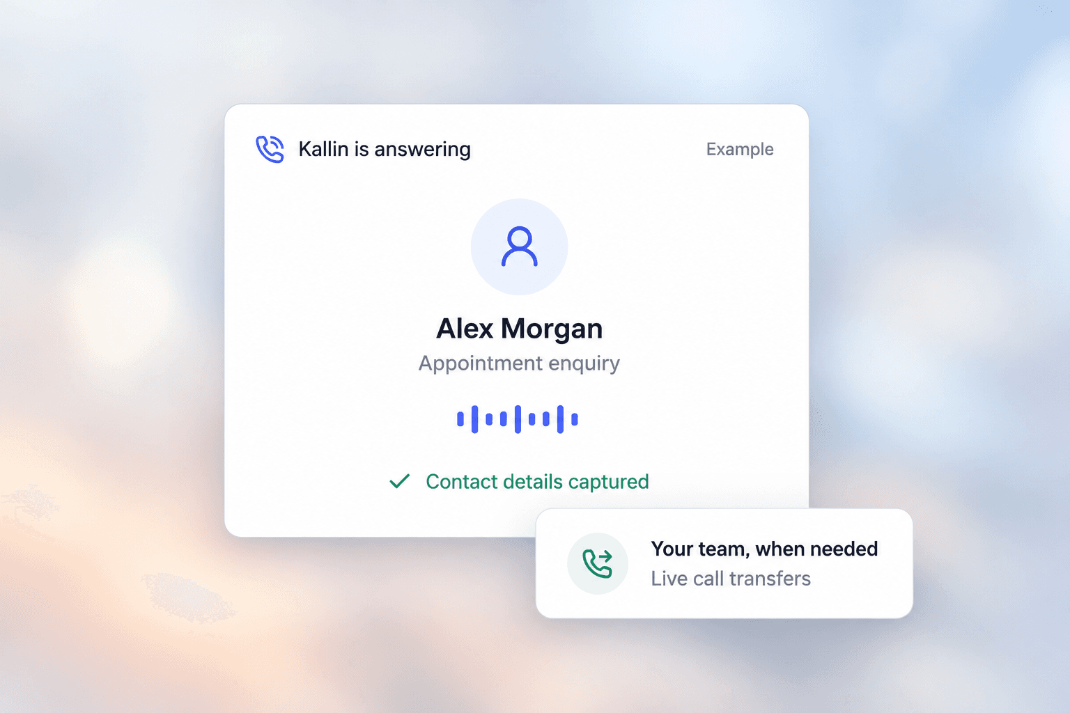Example Kallin call-answering screen showing an appointment enquiry, captured contact details and live call transfers.