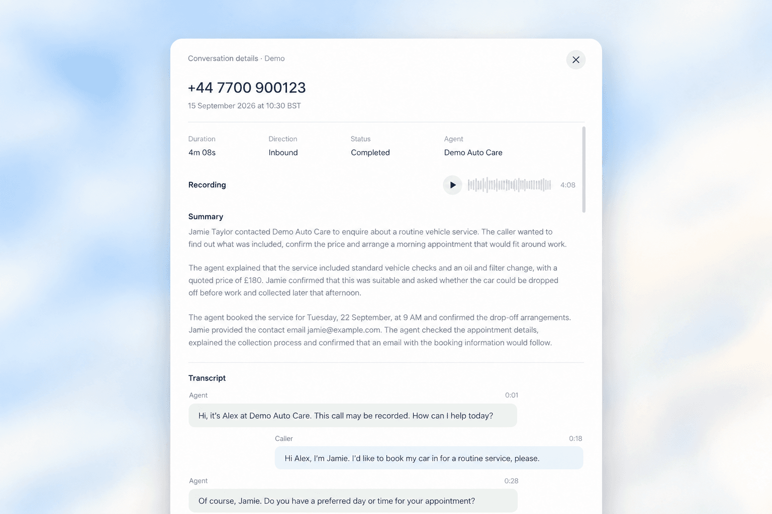 Example Kallin conversation details showing a completed call, recording, enquiry summary and transcript.