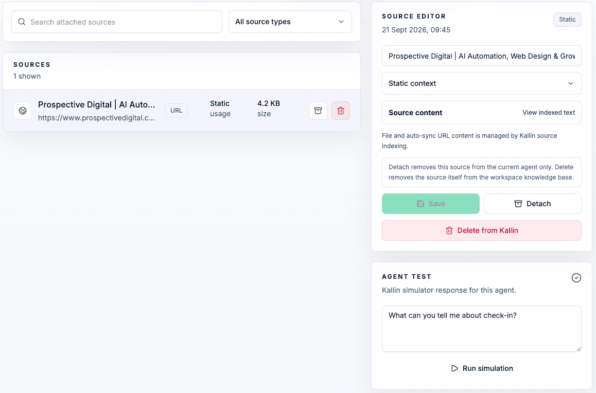Kallin dashboard showing an approved website source attached to the agent's business knowledge.