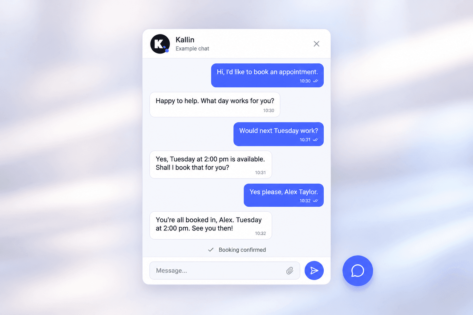 Example Kallin website chat arranging and confirming an appointment, with a chat launcher beside the conversation.