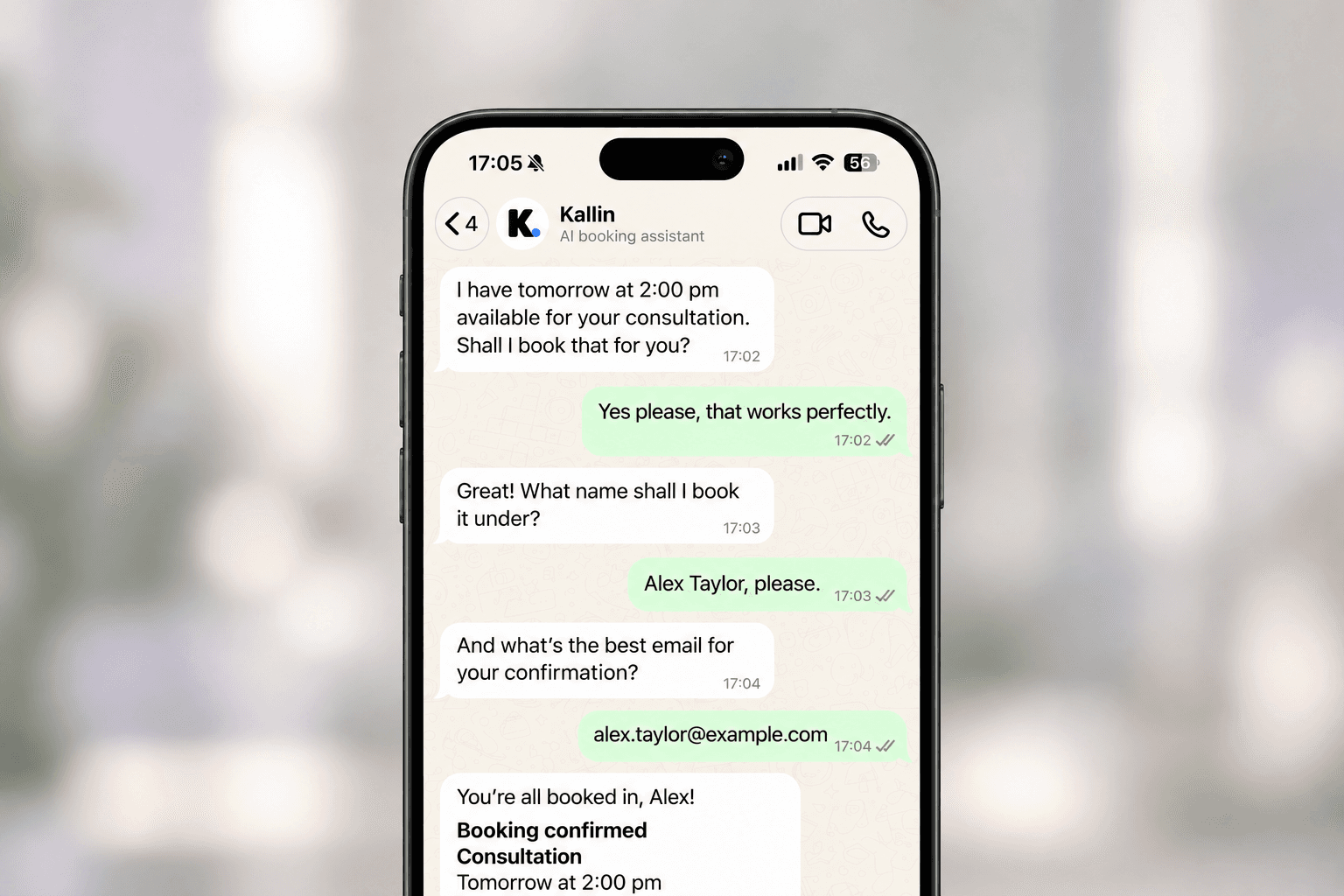 Example WhatsApp conversation with Kallin arranging and confirming a consultation on an iPhone.