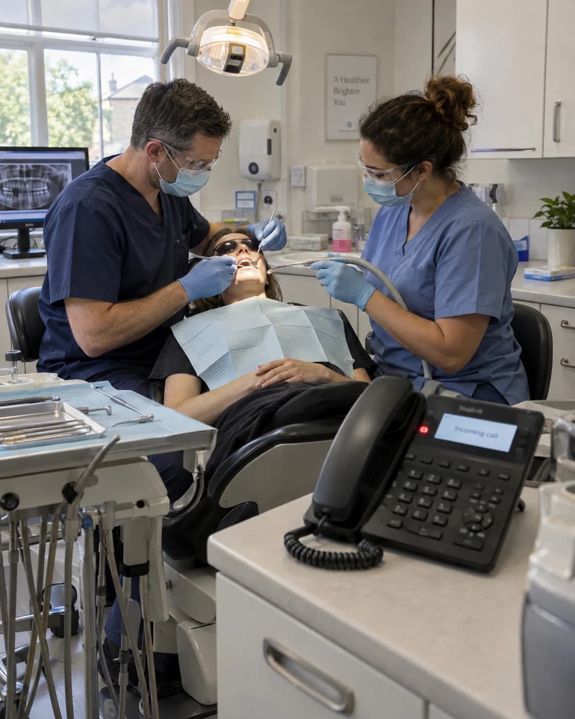 A dentist and his assistant focused on treating a patient, with an incoming call on the desk phone beside them.