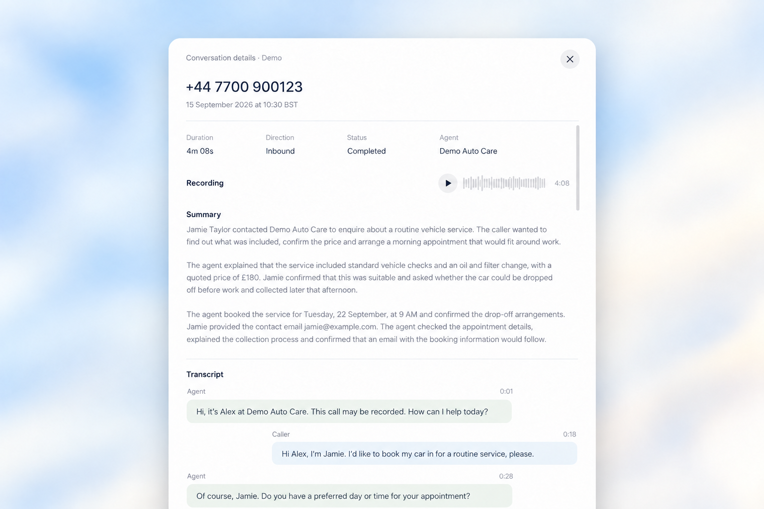 Example Kallin conversation details showing a completed call, recording, enquiry summary and transcript.
