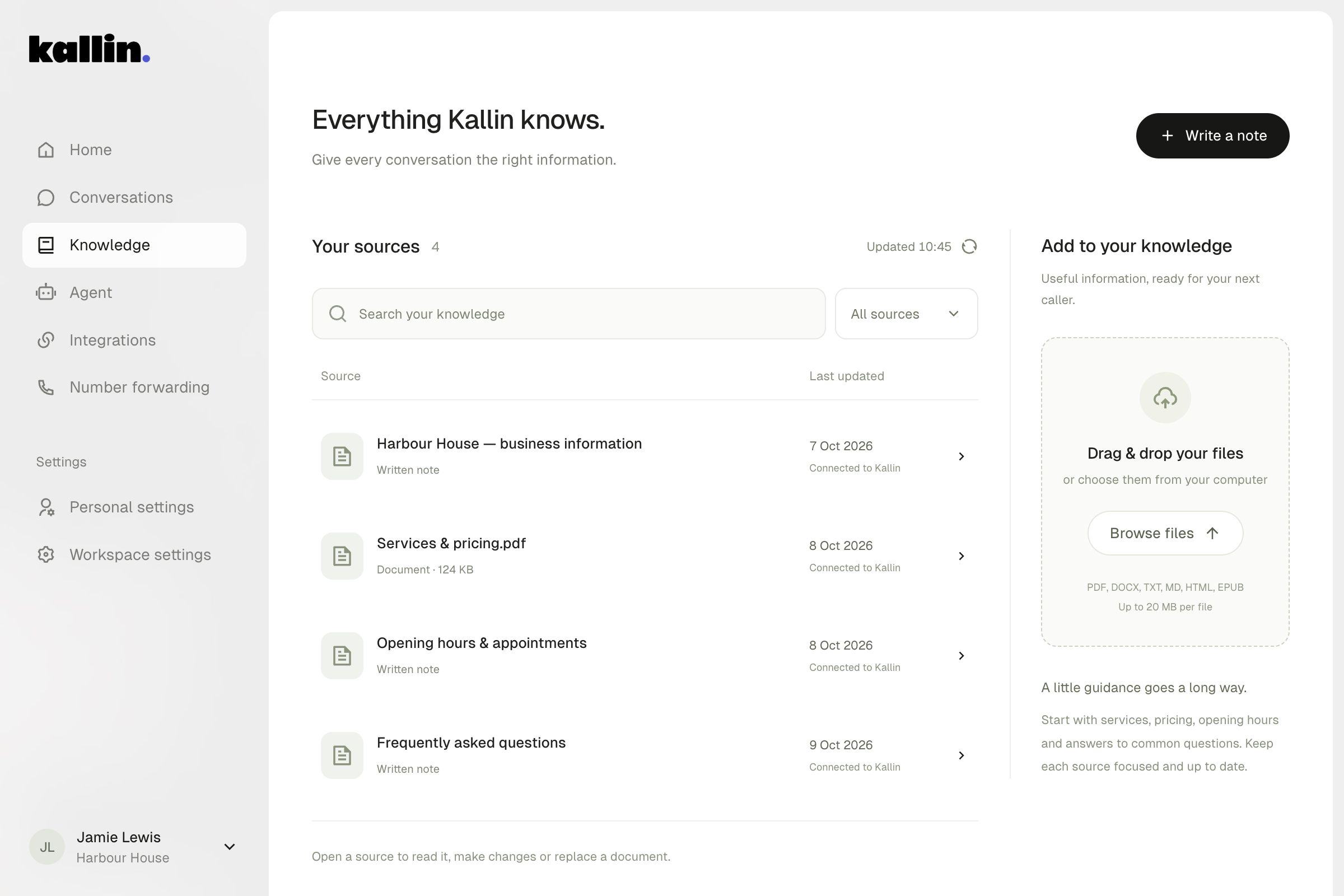 Example Kallin knowledge workspace with business services, opening hours and customer questions.