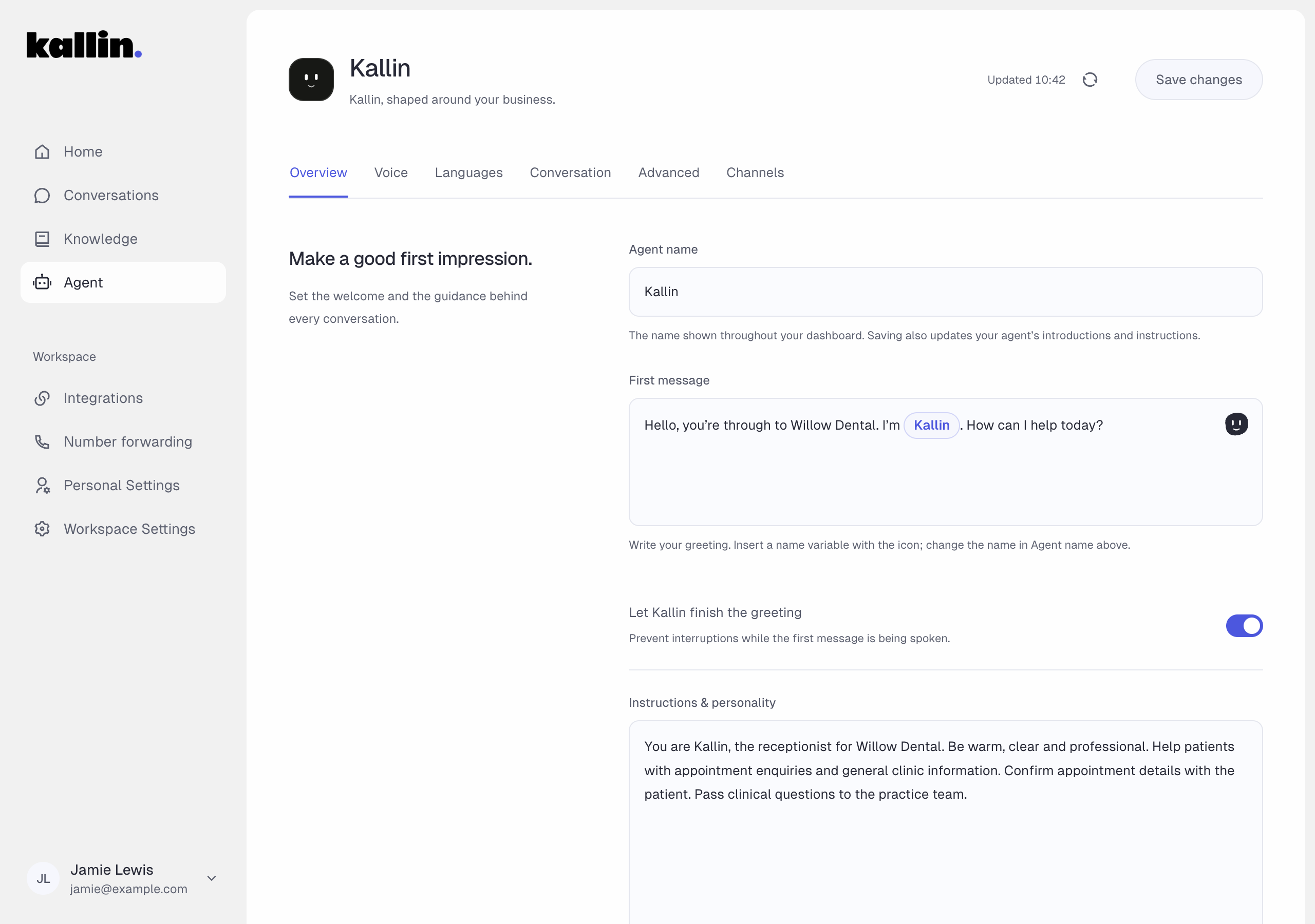 Kallin’s Agent settings showing the assistant name, welcome message and instructions for Willow Dental.