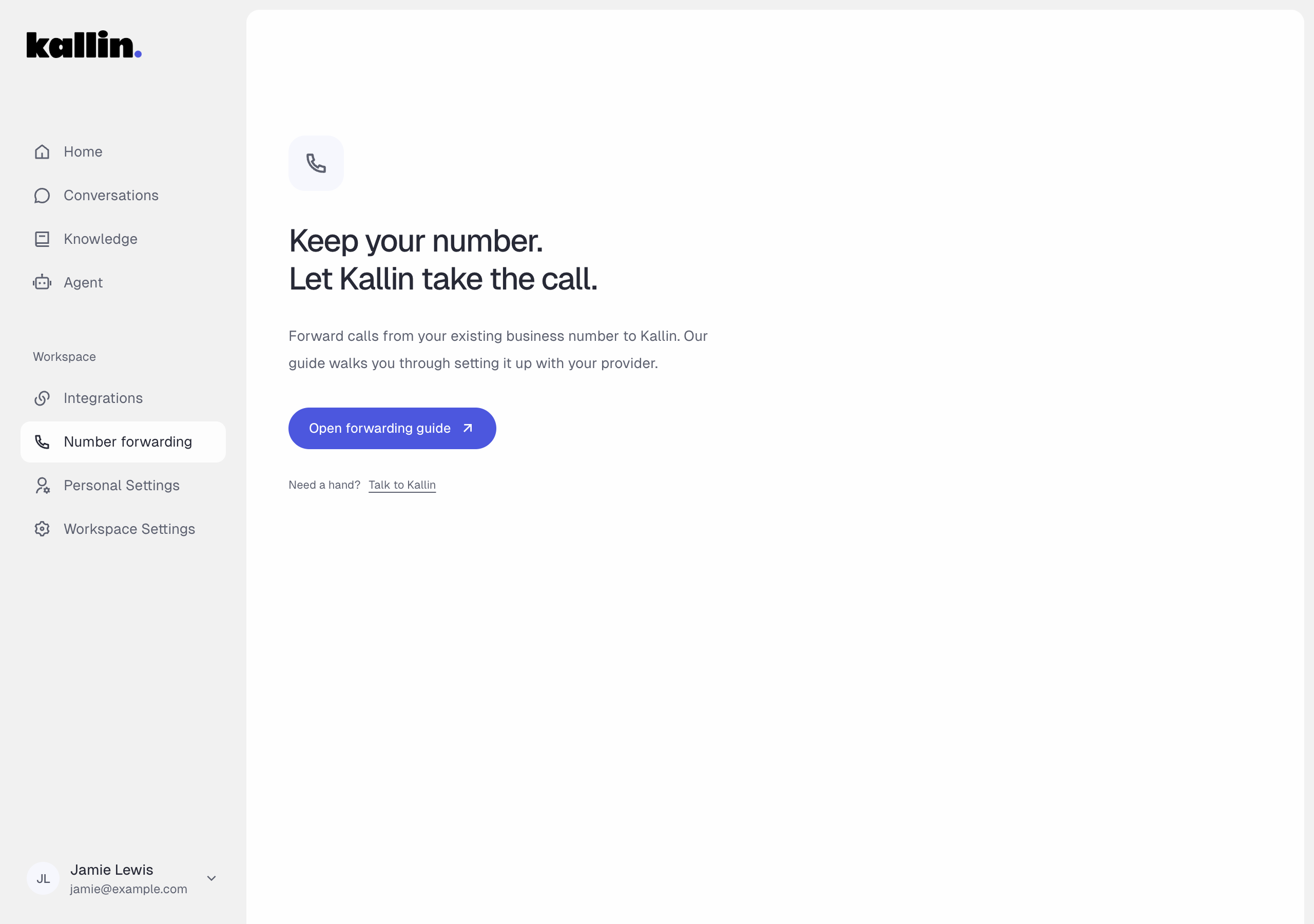 Kallin’s Number forwarding page with the guide for forwarding an existing business number.