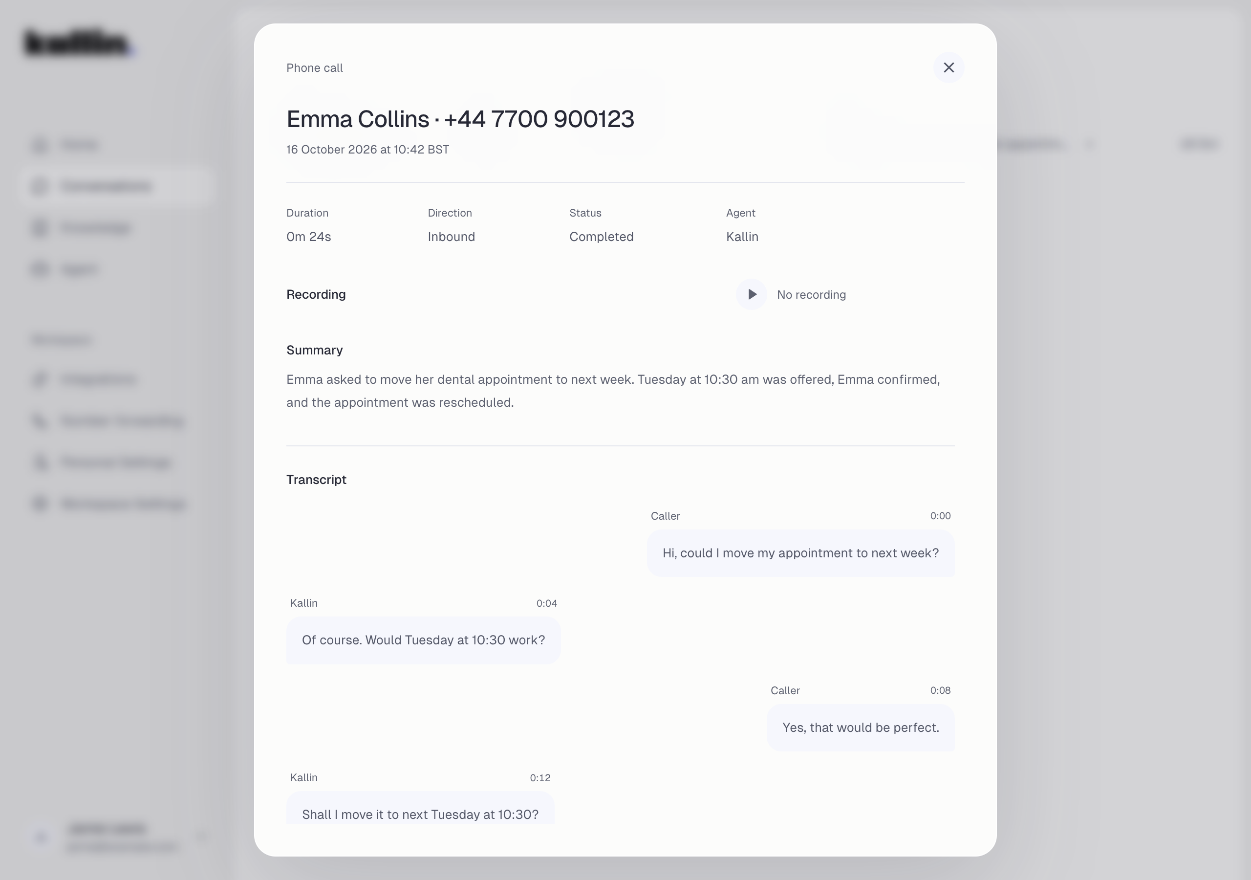 Kallin call details for fictional patient Emma Collins, including a 24-second call and appointment rescheduling summary.