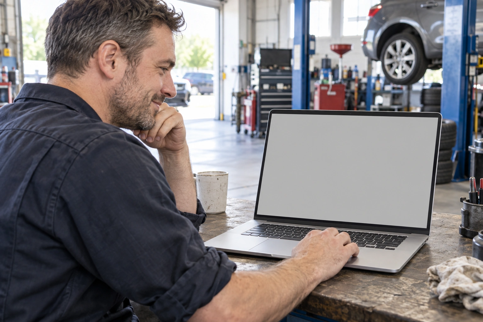 A mechanic taking a break to check Kallin on a laptop in the workshop.
